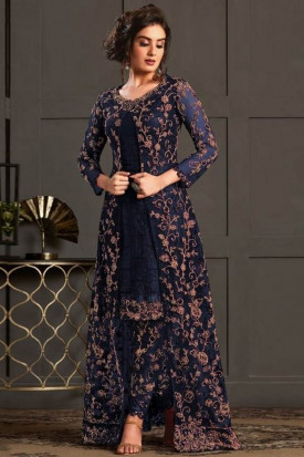 Grab The Stylish Navy Blue Satin Jacket Style Eid Trouser Suit LSTV09607