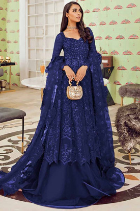 Step Out in Style In Pakistani Navy Blue Net Wedding Lehenga LLCV09356