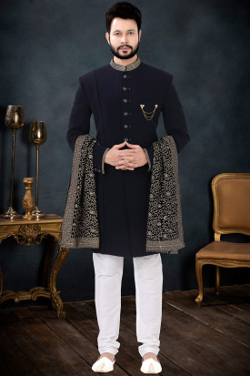 Navy Blue Terry Rayon Churidar Indo Western Men Sherwani
