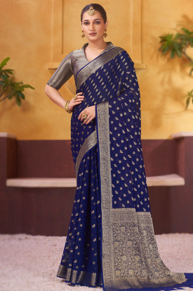Navy Blue Weaved Zari Georgette Handloom Saree SARV163516