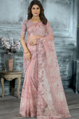 Embroidered Net Blush Pink Saree
