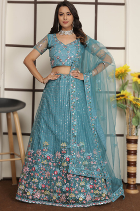 Net Turquoise Blue Embroidered Panelled Style Lehenga LLCV118678