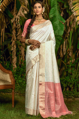 Off White Woven Silk Indian Wedding Saree