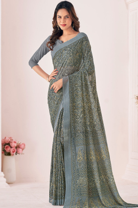 sari Paisley Printed Light Grey Georgette Casual Wear Saree