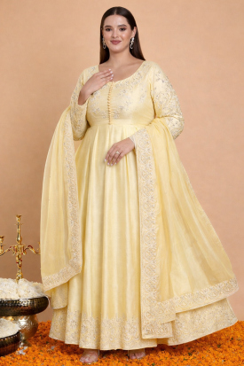 Andaaz Fashion Women's Pakistani Haldi Butter Yellow Dupion Silk Anarkali Suit with Hand Embroidery