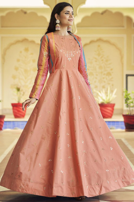 Peach Cotton Embroidered Anarkali Gown with Jacket