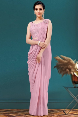 Trending Plain Georgette Pastel Pink Pre Stitched Saree SARV147670