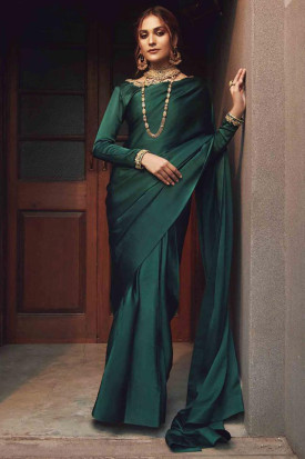 Grab the stylish Plain Pakistani Silk Bottle Green Saree