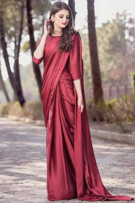 Plain Party Wear Satin Light Maroon Saree SARV123880