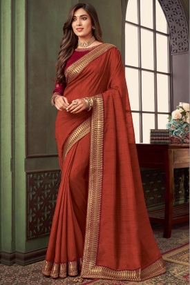 Plain Soft Silk Rust Orange Saree
