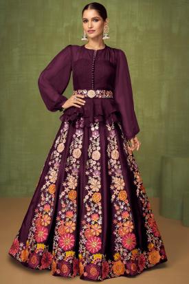 Purple Plum Embellished Blouse Pleated Lehenga