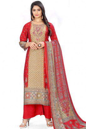 Printed Cotton Silk Red Straight Cut Palazzo Suit