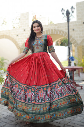 Carrot Red Cotton Anarkali Gown Dress With Shrug