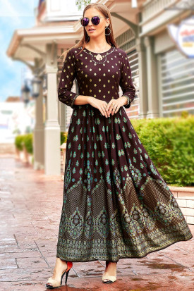 Printed Wine Maroon Rayon Frock Style Kurti