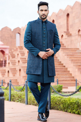Prussian Blue Art Silk Embroidered Jacket Style Men s Sherwani MSTV03252