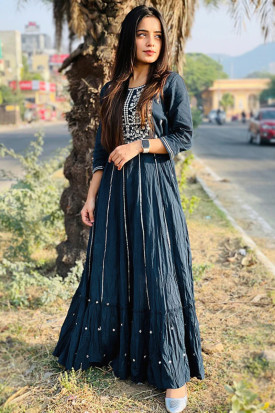 Ready Made Online Kurti in Prussian Blue Embroidered Fabric LKV002409