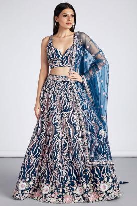 Prussian Blue Net Embroidered Wedding Wear Lehenga LLCV117849