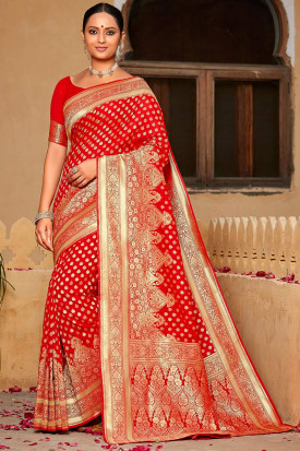 Red Banarasi Silk Indian Wedding Woven Zari Saree