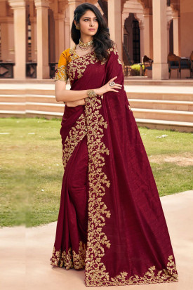 Deep Red Bangalori Silk Party Wear Embroidered Saree