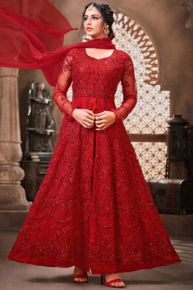 Trending Anarkali Suit in Red Embroidered Fabric LSTV113260