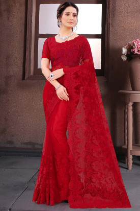 Embroidered Net Red Wedding Saree with Blouse - SR25118