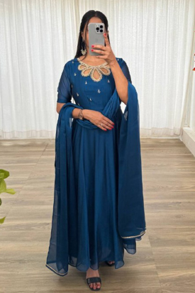 Blue Georgette Blend Finely Embroidered Flowy Premium Festive Wear main image 1