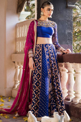 Buy Indian Zari Embroidered Net Dark Royal Blue Lehenga LLCV114885