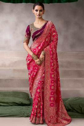 Sari Femme Georgette Rouge - Bordure Miroir Travail Uni - Avec Pièce De Blouse - Taille Unique - Neuf