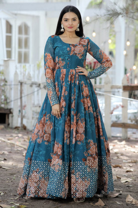 Sea Blue Floral Printed A line Georgette Gown