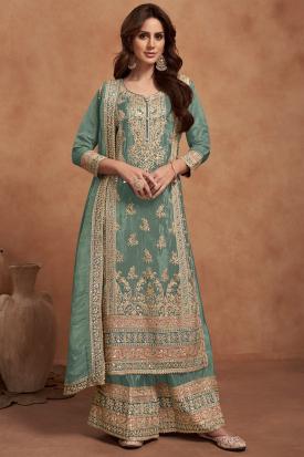 Sea Green Jacquard Silk Embroidered Palazzo Suit