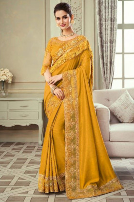 Embroidered Silk Mustard Yellow Saree