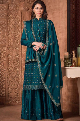 Step Out In Style Sharara Suit In Peacock Blue Embroidered Fabric