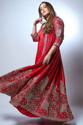 open lace back dress Orange Embroidered Jacket Style Indian & Pakistani Anarkali Dress W-27, Georgette / OrangeRed / S(36) main image 1