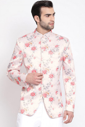 Silk Pale Pink Printed Jodhpuri Style Men s Coat Pant MSTV04070