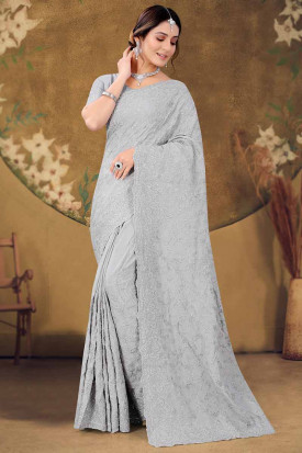 Exclusive Steel Grey Chiffon Embroidered Party Wear Saree SARV119024
