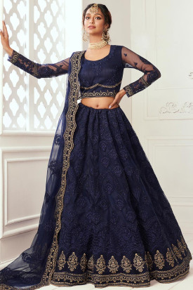 Stone Work Embroidered Net Navy Blue Lehenga