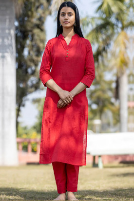 Straight Cut Cotton Red Kurti