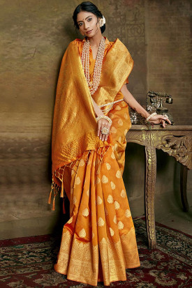 Buy Banarasi Silk Yellow Party Wear Indian Dresses Online for