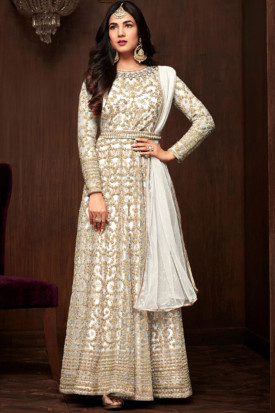 Online Wedding Wear White Anarkali Suit with Stone Work LSTV08825