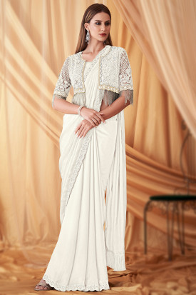 White Lace Embroidered Georgette Jacket Style Fancy Saree