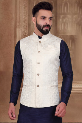 Jacquard Men Waist Coat in Light Beige for Party