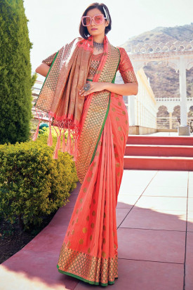 Coral Peach Banarasi Silk Saree