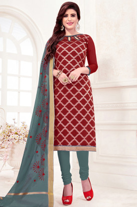Woven Zari Cotton Silk Deep Red Churidar Suit