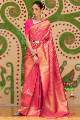 Adorable Pink Fancy Zari Work Silk Reception Wear Saree With Blouse