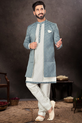 Woven Zari Silk Jacket Style Men s Off White Kurta Pajama
