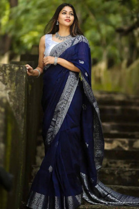 Fashion Blouses Woven Zari Silk Navy Blue Saree SARV137781