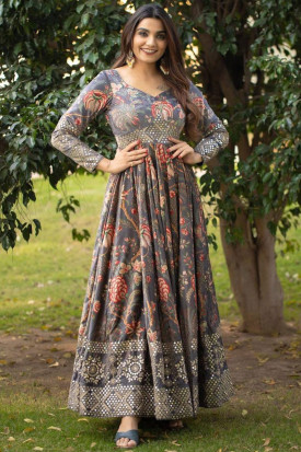 New Stylist Steel Grey Gown with Print LSTV122907