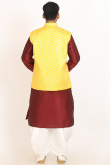 Deep Red Dupion Silk Printed Men's Jacket Style Kurta With Dhoti Pants
