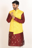 Deep Red Dupion Silk Printed Men's Jacket Style Kurta With Dhoti Pants