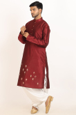 Deep Red Dupion Silk Printed Men's Jacket Style Kurta With Dhoti Pants
